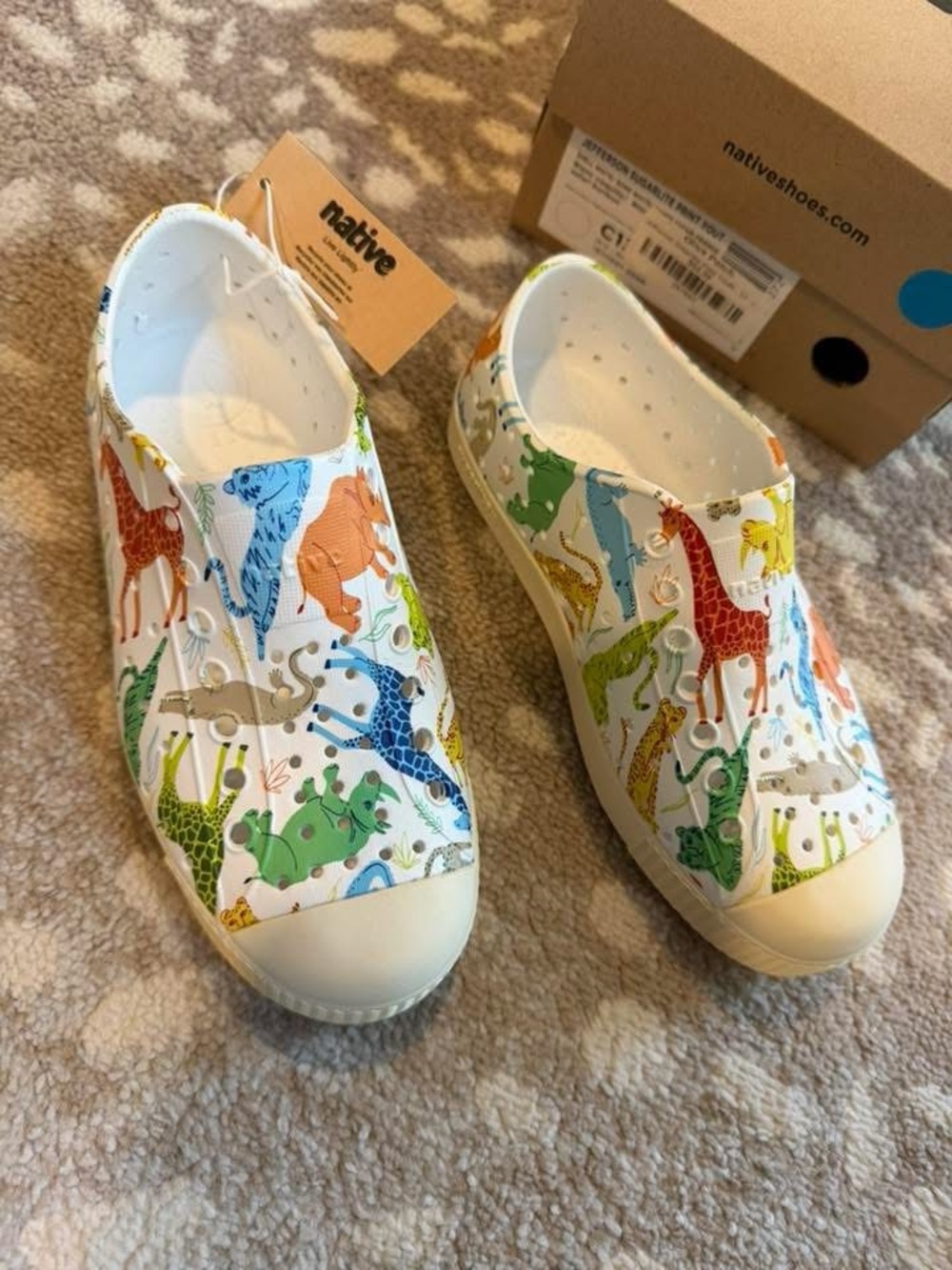 Native Kids Slip-On Sneakers in White with Multicolor Animal Print